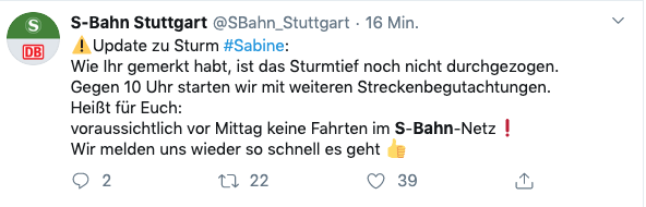 Sturmtief "Sabine" legt in Stuttgart den S-Bahn-Verkehr lahm. (Screenshot: Twitter/@SBahn_Stuttgart)
