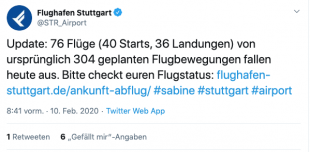 Auch am Stuttgarter Flughafen kam es aufgrund von "Sabine" zu Einschränkungen. (Screenshot: Twitter/@STR_Airport)